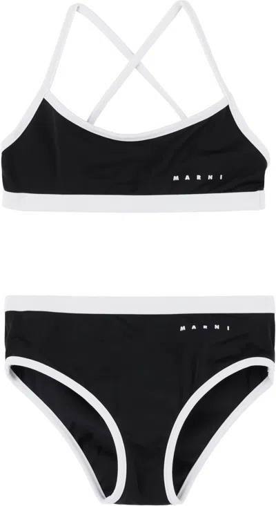 Marni Kids Black & White Printed-logo Bikini In 0m900