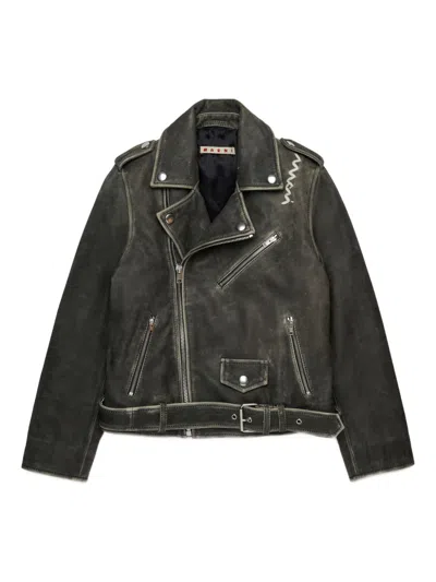 Marni Vintage Effect Leather Biker Jacket Kids In Green