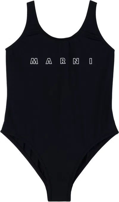 Marni Kids Black Printed-logo Swimsuit In 0m900