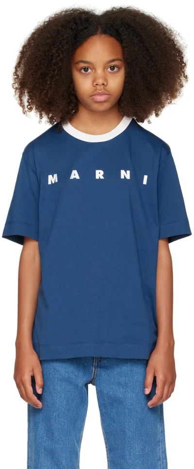 Marni Kids Blue Printed-logo T-shirt In 0m850