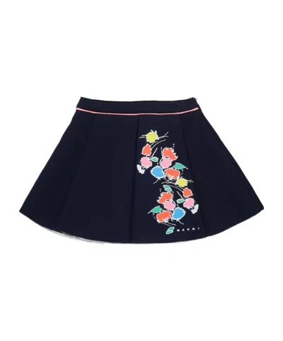 Marni Kids Floral Pleated Skirt In Blue