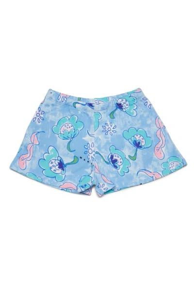 Marni Kids Floral Printed Elastic Waist Mini Shorts In Blue