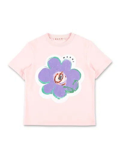 Marni Kids Floral Printed Crewneck T-shirt In Pink