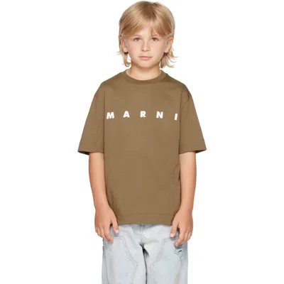 Marni Kids Khaki Printed-logo T-shirt In Brown