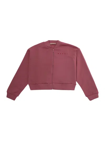 Marni Kids Kids Cotton Zip-front Sweatshirt With Logo Lettering In Pink