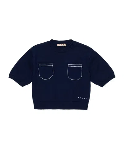 Marni Kids Knitted Pocket Crewneck Pullover In Blue