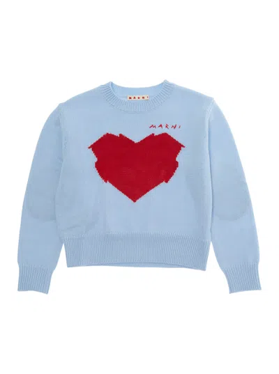 Marni Kids Logo Crewneck Sweater With Embroidered Front For Baby Girl In Blue