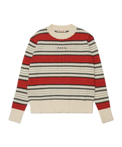 Marni Kids Logo Embroidered Striped Knitted Jumper In Red