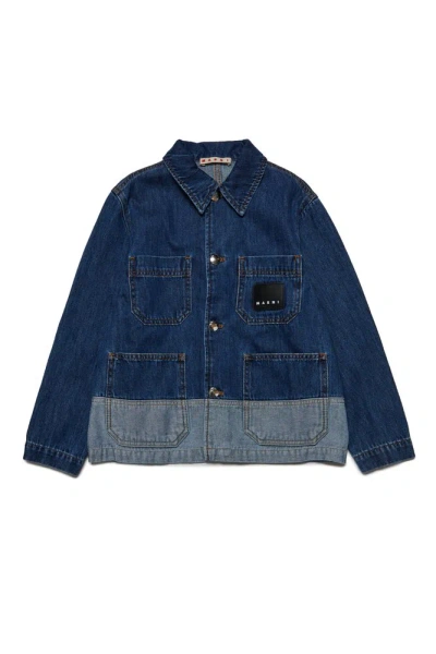 Marni Kids Logo Patch Panelled Denim Jacket In Blue