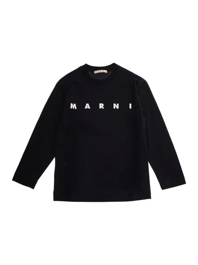 Marni Kids Mini Black Cotton Jersey Crew Neck T-shirt With Logo Lettering