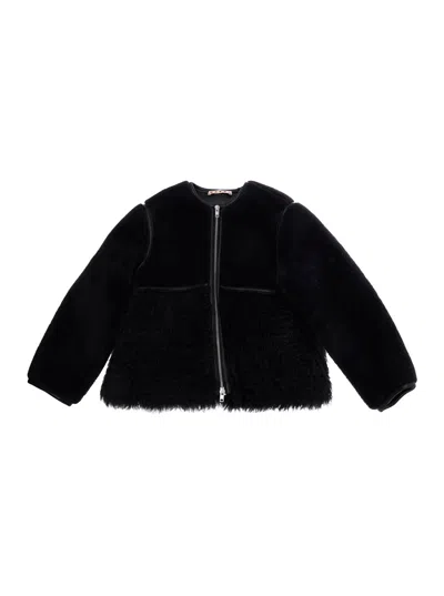Marni Kids Mini Black Shearling Jacket With Tech Fabric Front Zip For Baby Girl