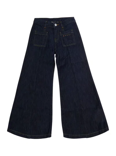 Marni Kids Mini Girls Denim Jeans With Logo Lettering & Wide-leg Fit In Blu