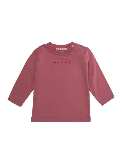 Marni Kids Mini Unisex Baby Logo Front Long Sleeve Cotton T-shirt In Pink