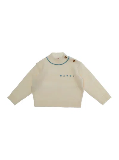 Marni Kids Mini V-neck Wool & Cashmere Sweater With Logo Detail In White