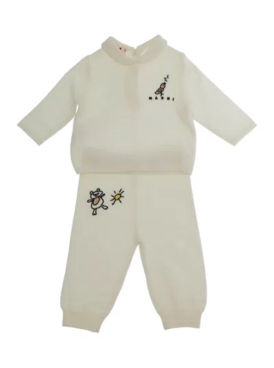 Marni Kids Mini Wool & Polyester Unisex Long-sleeve Overalls Set With Collar In White