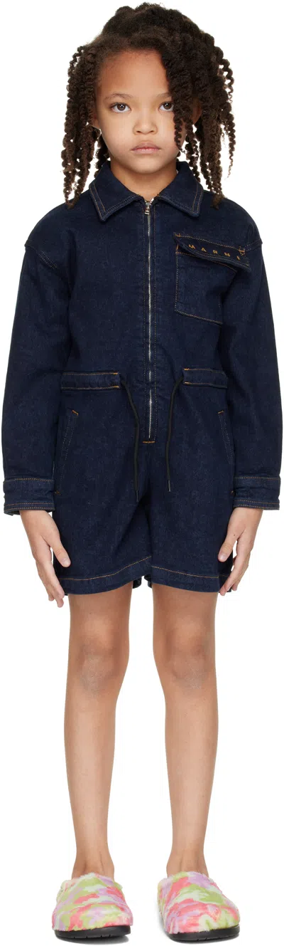 Marni Kids Navy Embroidered-logo Denim Jumpsuit In Blue