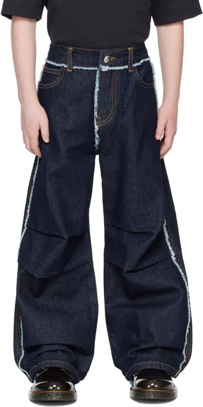 Marni Kids Navy Frayed Trim Jeans In 0m01