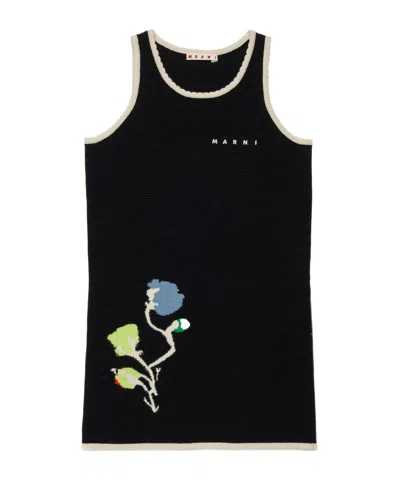Marni Kids Sleeveless Floral-trim Casual Dress In Black