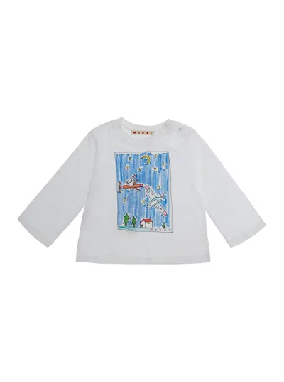 Marni Kids Unisex Baby Cotton Long Sleeve T-shirt With Front Print In White