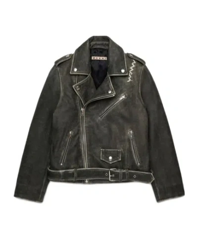 Marni Vintage Effect Leather Biker Jacket Kids In Green