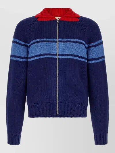 Marni Knit Cardigan Ribbed Trims Striped Design In Blue