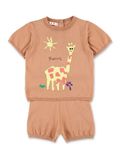 Marni Babies' Set Tee+shorts Giraffa In Brown