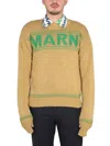 Marni Brown Embroidered Logo Cotton Sweater In Yellow