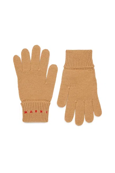 Marni Knitted Gloves With Logo In Beige