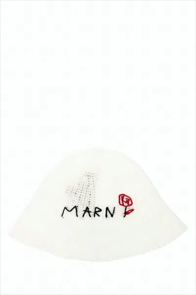 Marni Knitted Wide-brimmed Hat With Embroidered Floral Detail In White