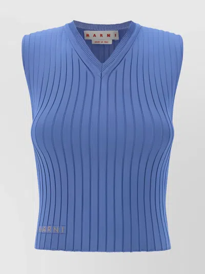 Marni Knitwear Sleeveless V-neck Ribbed Knitted Pattern In Blue