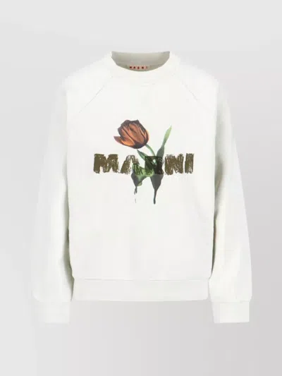 Marni Knitwear With Floral Print And Ribbed Finish In White
