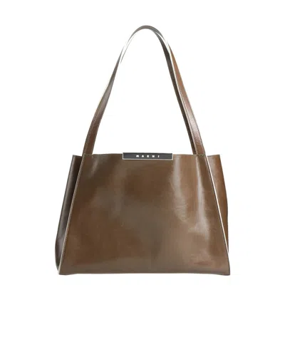 Marni Large Leather Tote Bag In Khaki