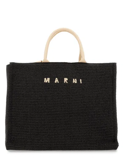 Marni Large Raffia Effect Fabric Tote Bag In Black