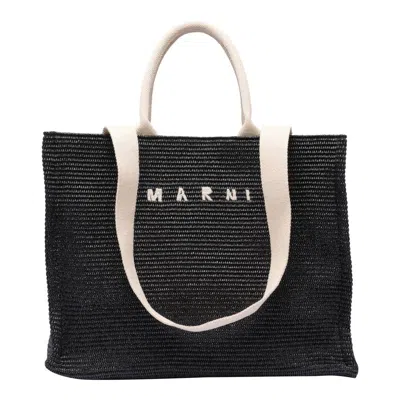 Marni Large Raffia Effect Tote Bag In Black