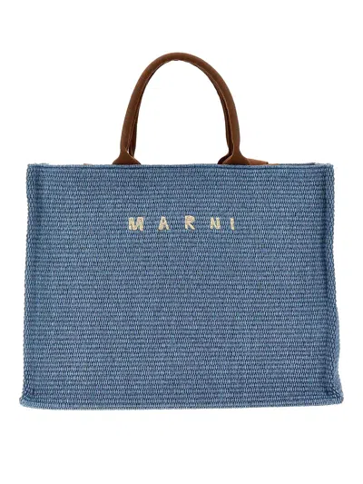 Marni Large Shopping Bag With Logo Embroidery Tote Bag Light Blue