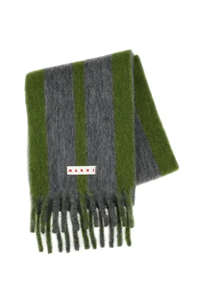Marni Large Striped Wool Scarf With Logo Detail In Gray