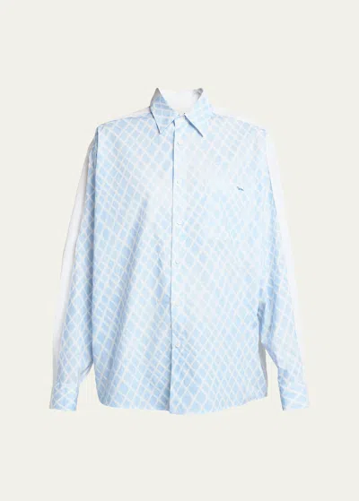 Marni Lattice-print Contrast-back Long-sleeve Button-down Shirt In Lightblue