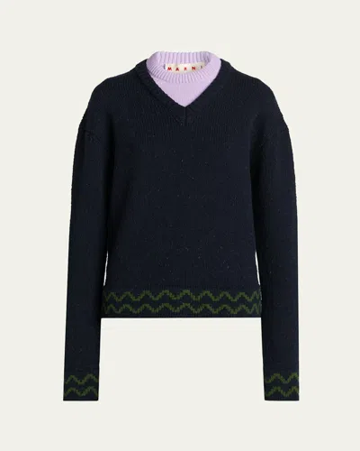 Marni Layered Wool Sweater In Blue