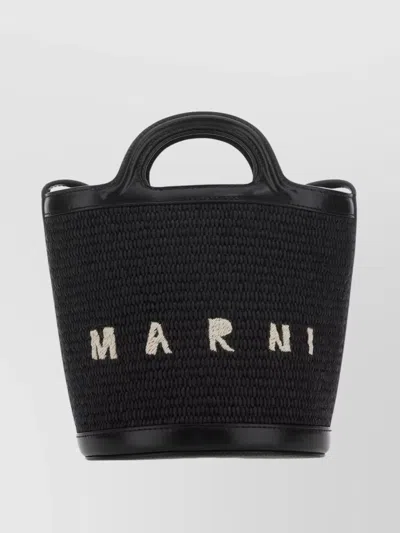 Marni Leather And Raffia Bucket Bag With Tropical Vibes In Black