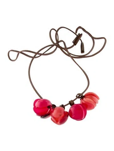 Pre-owned Marni Leather & Resin Flower Pendant Necklace, 70" In Brown/pink