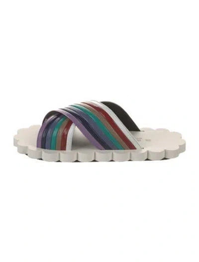 Pre-owned Marni Leather Colorblock Pattern Slides In White