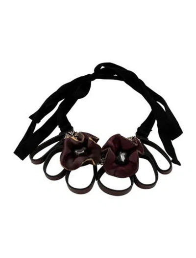 Pre-owned Marni Leather, Crystal & Silk Ribbon Collar Necklace, 55" In Black/brown/red
