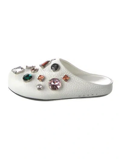 Pre-owned Marni Leather Crystal Embellishments Slides In White