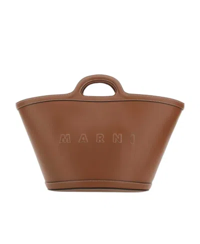Marni Leather Embossed-logo Tote Bag In Brown