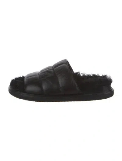 Pre-owned Marni Leather Fur Trim Slides In Black