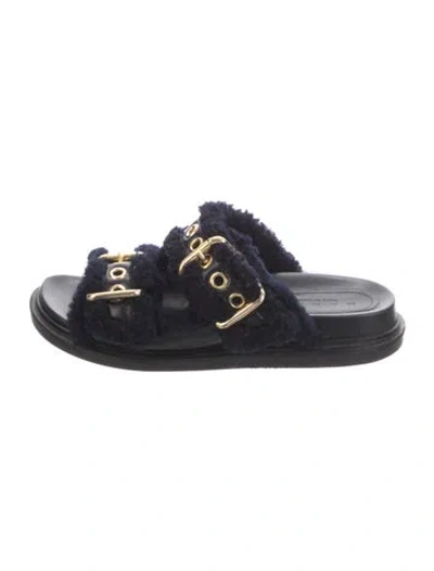 Pre-owned Marni Leather Fur Trim Slides In Black