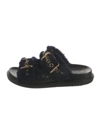 Pre-owned Marni Leather Fur Trim Slides In Black