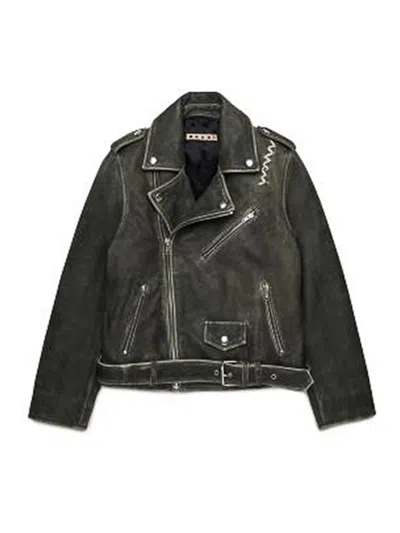 Marni Vintage Effect Leather Biker Jacket Kids In Green