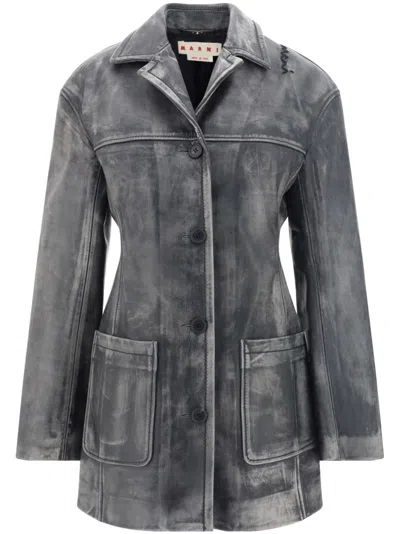Marni Leather Jacket With Notched Lapel Collar In Black