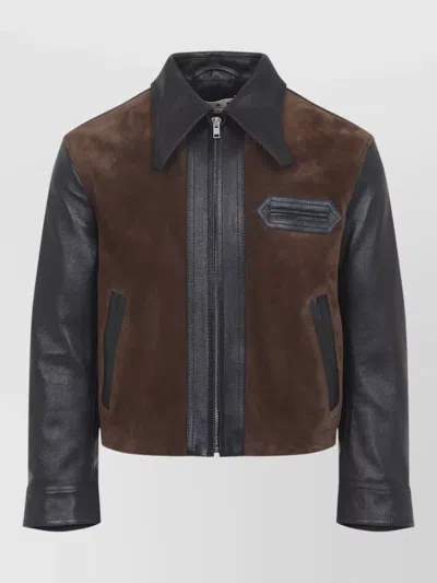 Marni Leather Jacket Two Tone Contrast Panels In Brown